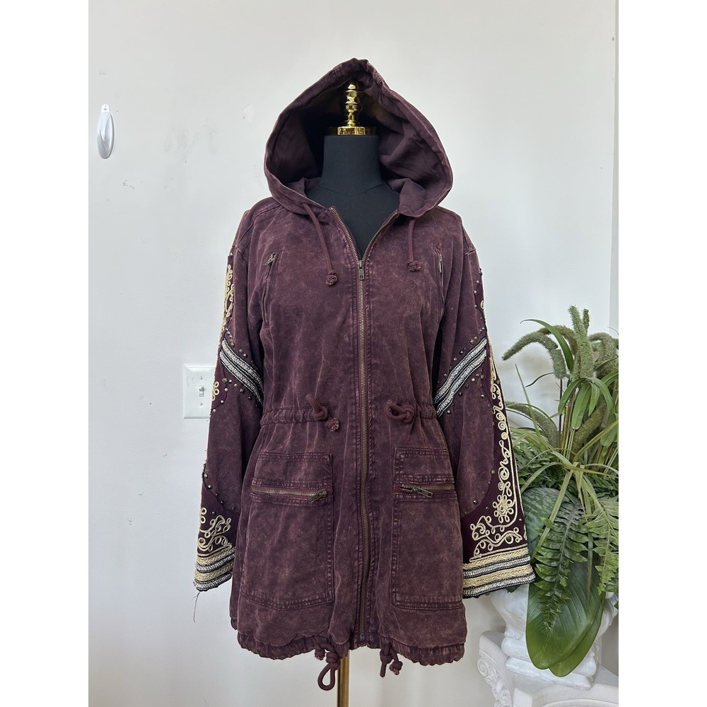 Free People Golden Quills Military Parka Boho Distressed Cargo Utility Jacket S - Picture 6 of 12